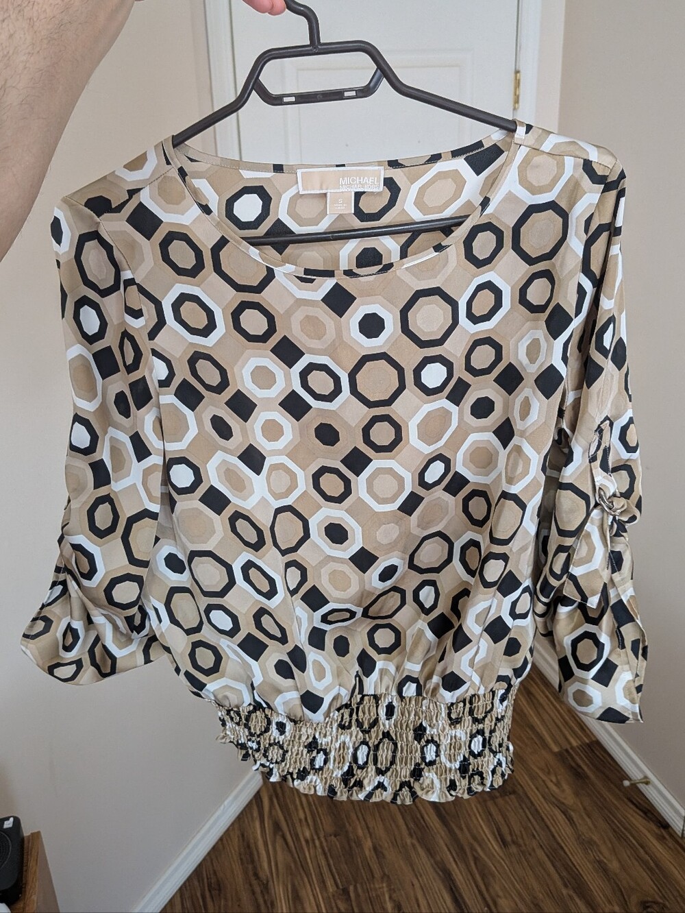 Michael Kors Beige, Black & White Geometric Blouson Top